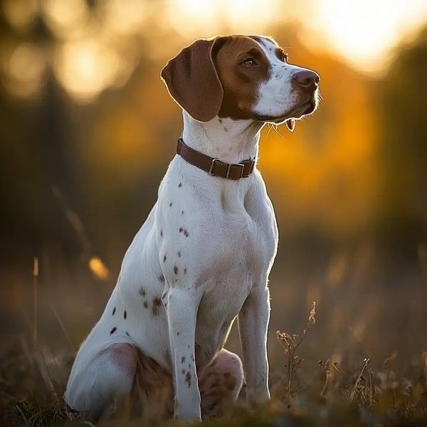 Prickig fågelhund sitter ute i varmt kvällsljus